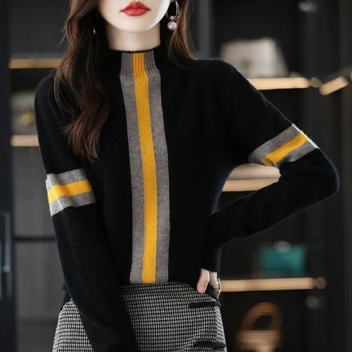 Women's Semi-High Neck Color-Block Elegant Knit Sweater hercurva