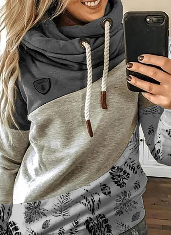 Printed stitching hooded fleece loose sweatshirt hercurva