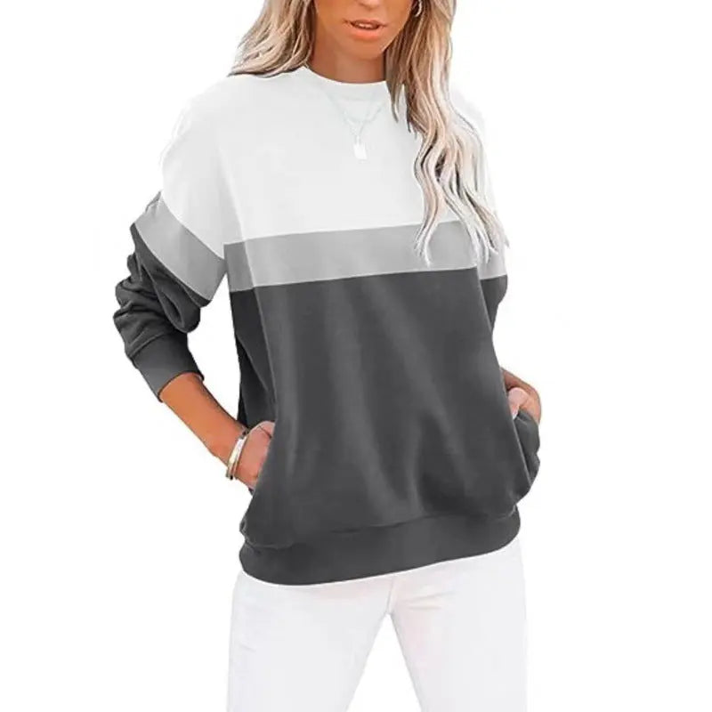 Women's Long Sleeve Color Matching Sports Sweater Round Neck Casual Pullover hercurva
