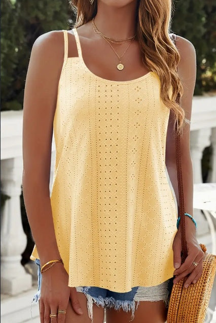Eyelet Lettuce Trim Cami Top, Casual Sleeveless Scoop Neck Versatile Cami Top, Women's Clothing hercurva