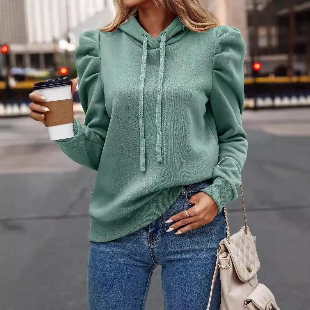 Lapel Hooded Solid Color Long-sleeved Casual Women's Top Sweater hercurva