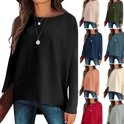 High And Low Batwing Sleeve Knitted Loose Pullover Waist Top hercurva