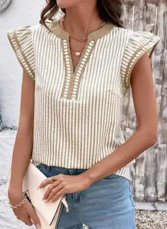 Khaki Stripe Double Ruffled Short Sleeve V Neck Blouse hercurva