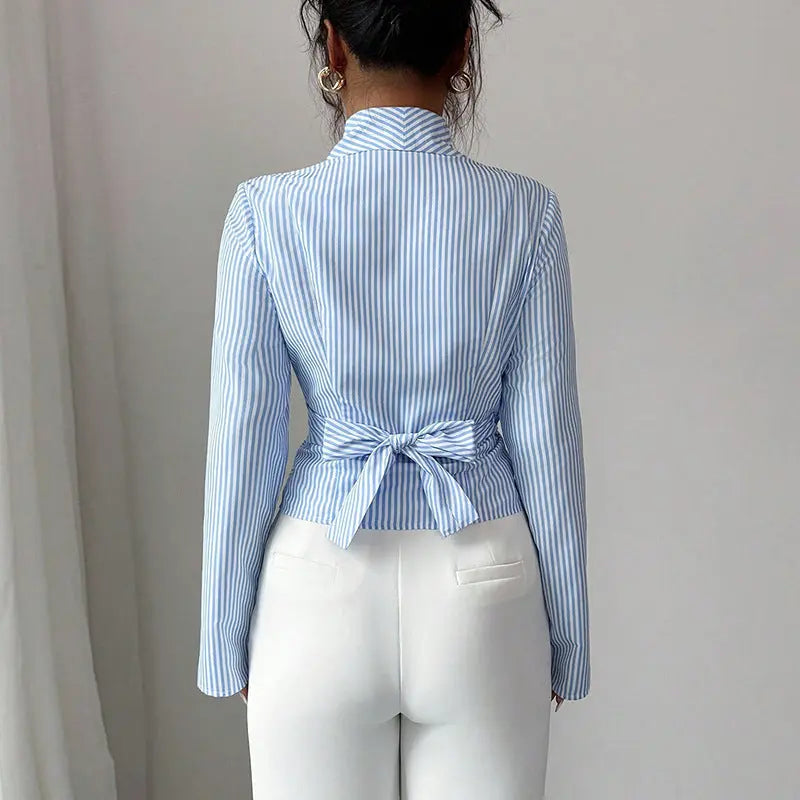 Striped Long-Sleeve Elegant Strap Women's Blouse hercurva