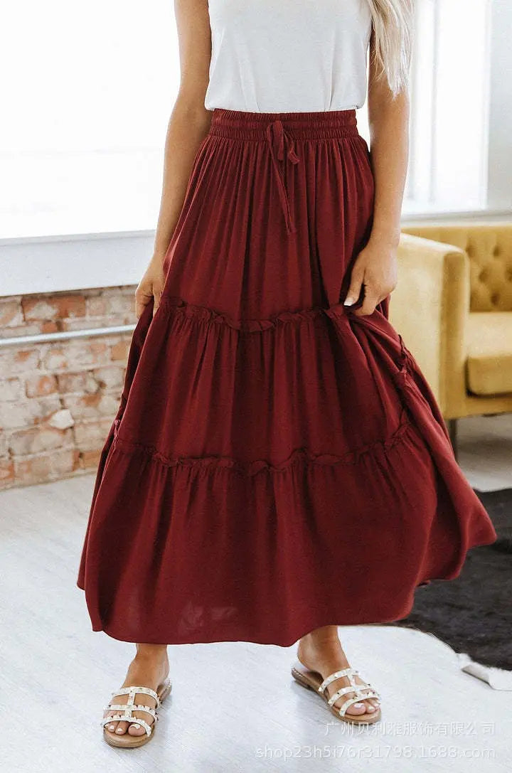 Women's Elastic High Waist A-Line Pleated Casual Maxi Dress hercurva