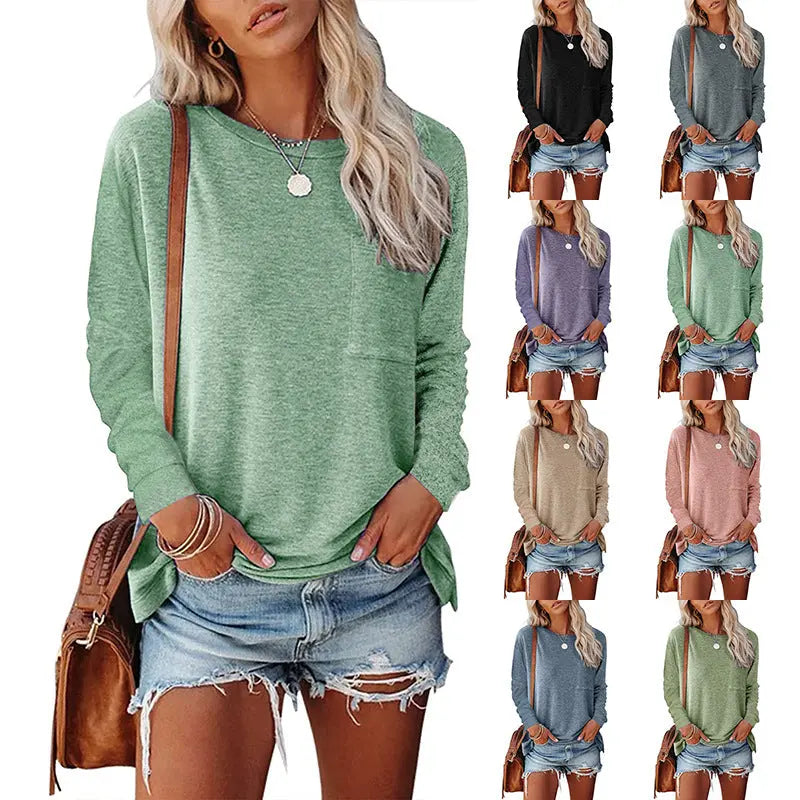 Pocket Split Long-sleeved Casual Bottoming T-shirt hercurva