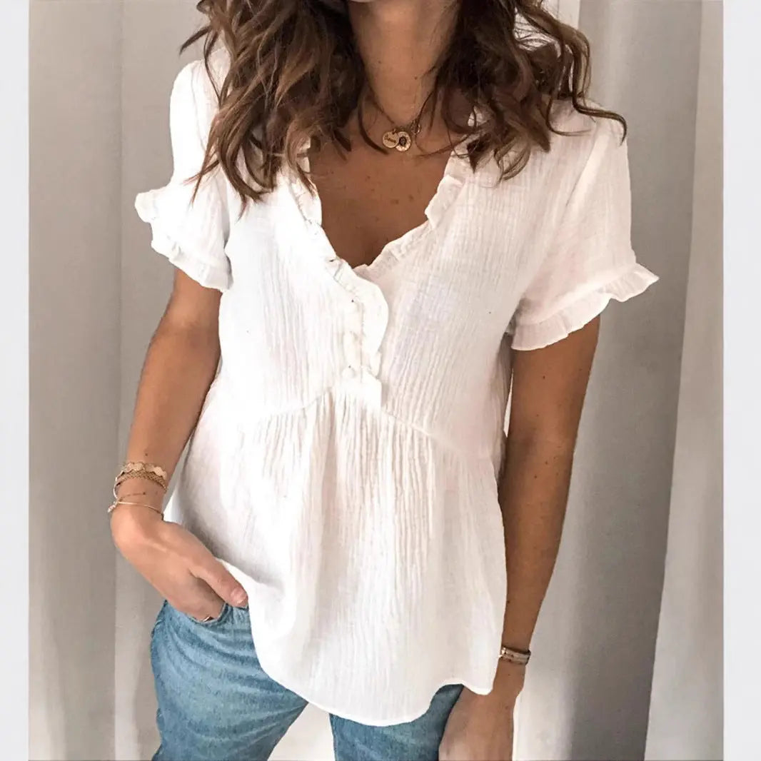 Women's Casual Loose Solid-color Patchwork Short-sleeve Shirt Top hercurva