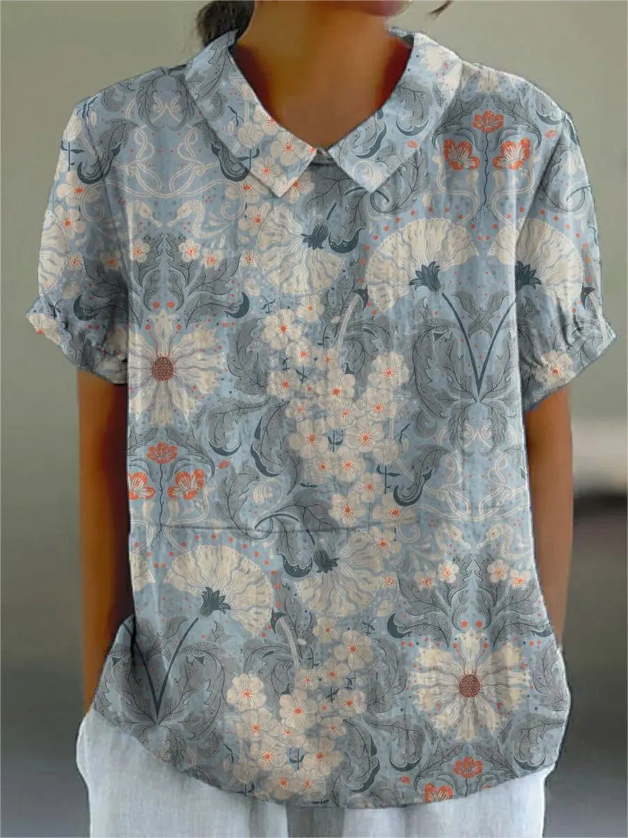 Women's Floral Stitching National Style Printing Lapel Short Sleeve hercurva