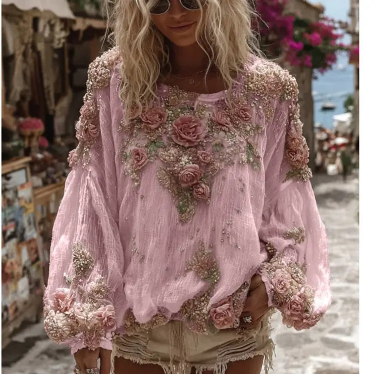 Women's 3D Printed Long-sleeved Shirt Loose All-match High-grade Top hercurva