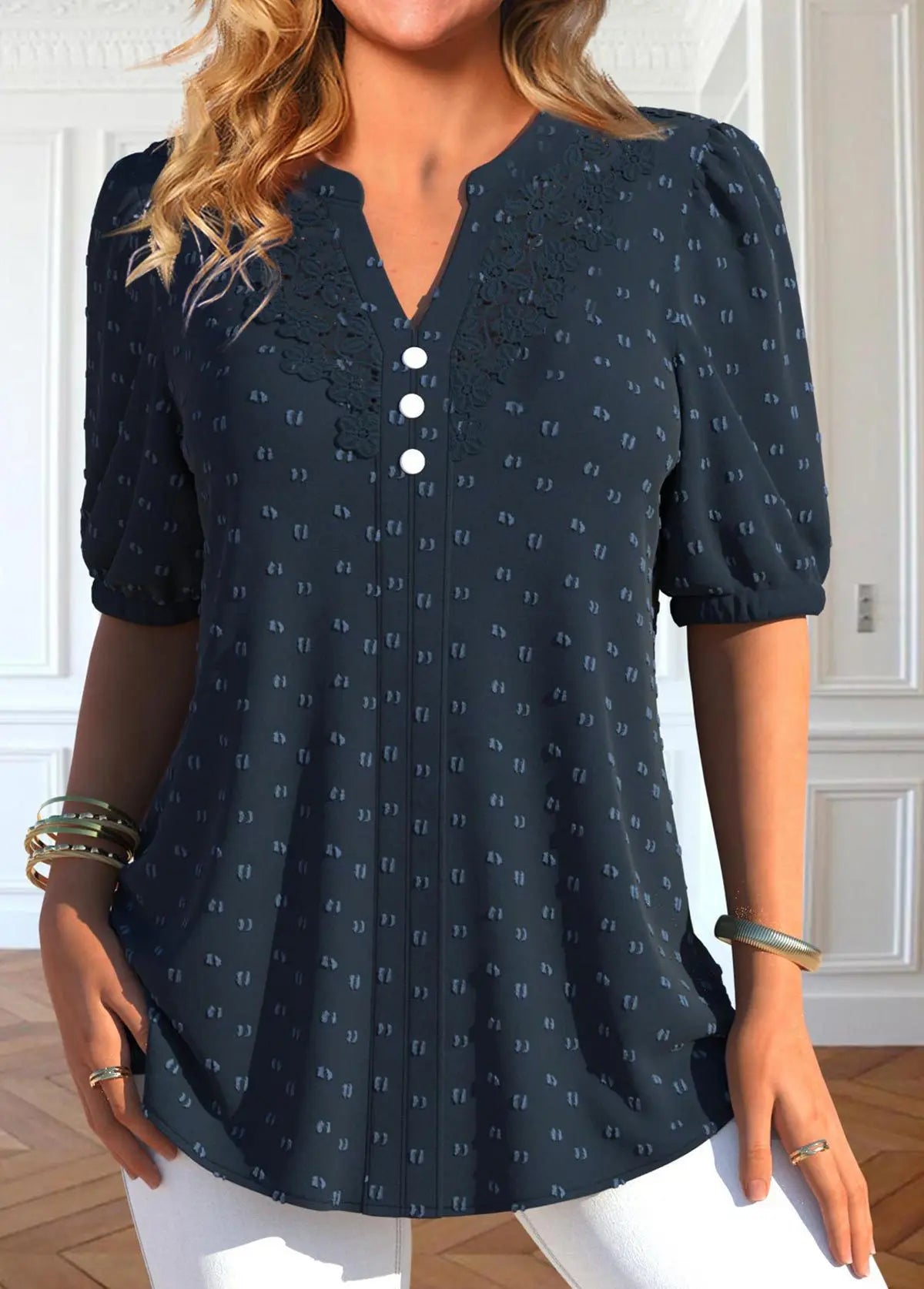 Plus Size Navy Blue Button Short Sleeve Shirt hercurva