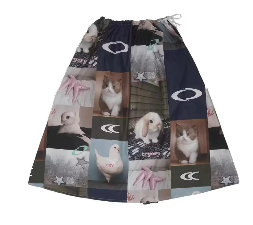 Rabbit Cat Printed Cute A Pendulum Length Skirt hercurva