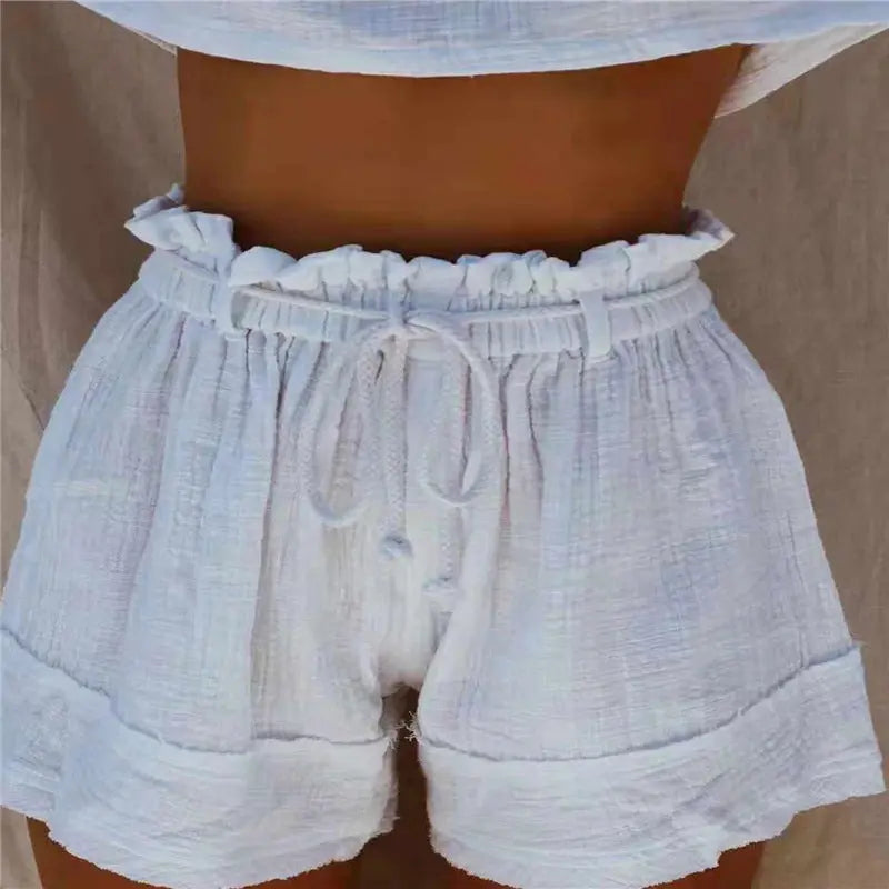 Solid Color Loose Pleated Elastic Belt High Waist Cotton And Linen Boho Shorts Hot Pants hercurva