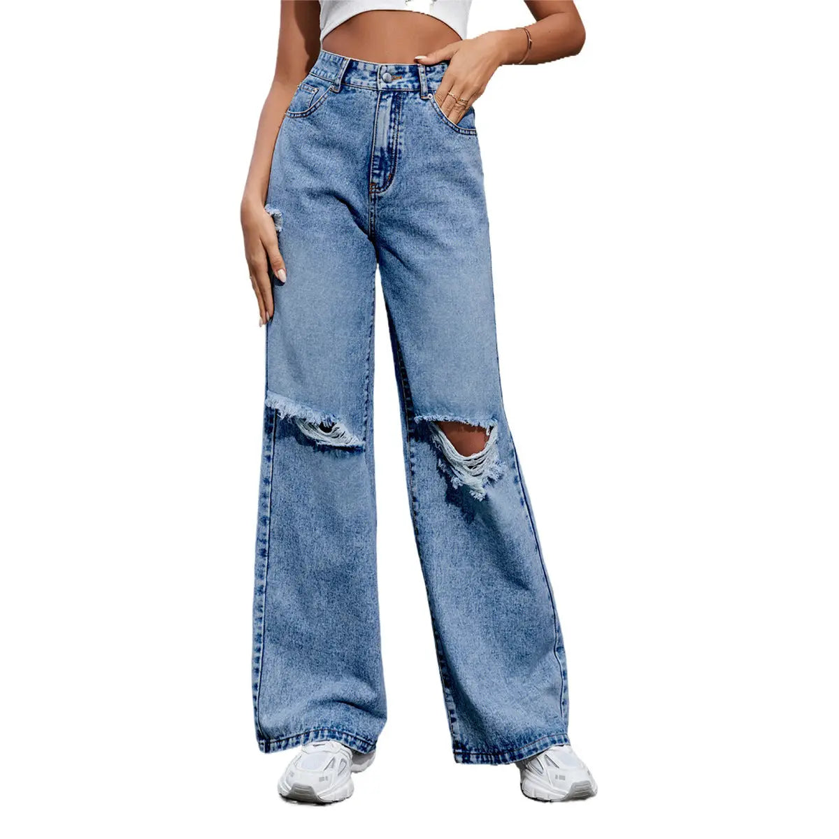Women's Fashion Holes High Waist Casual Denim Trousers hercurva