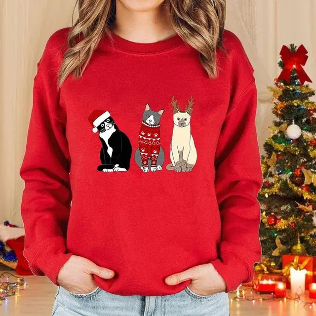 Lady Christmas Cat Round Neck Sweater Long Sleeve hercurva