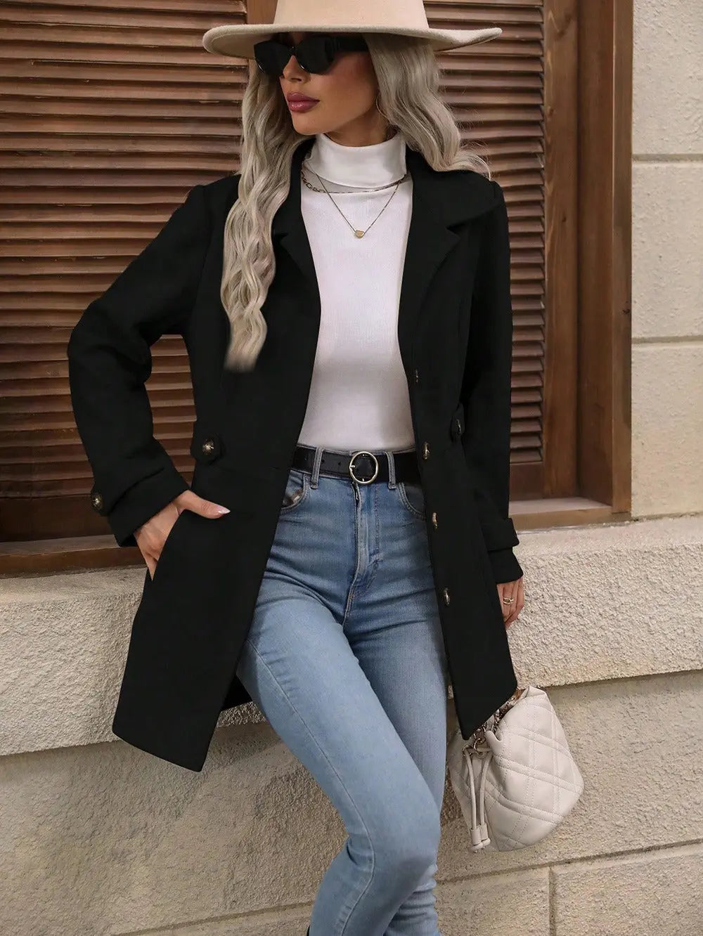 Elegant Single-breasted Woolen Coat Buttons Lapel Mid-length Jacket Temperament Commuter Outwear Clothing For Women hercurva