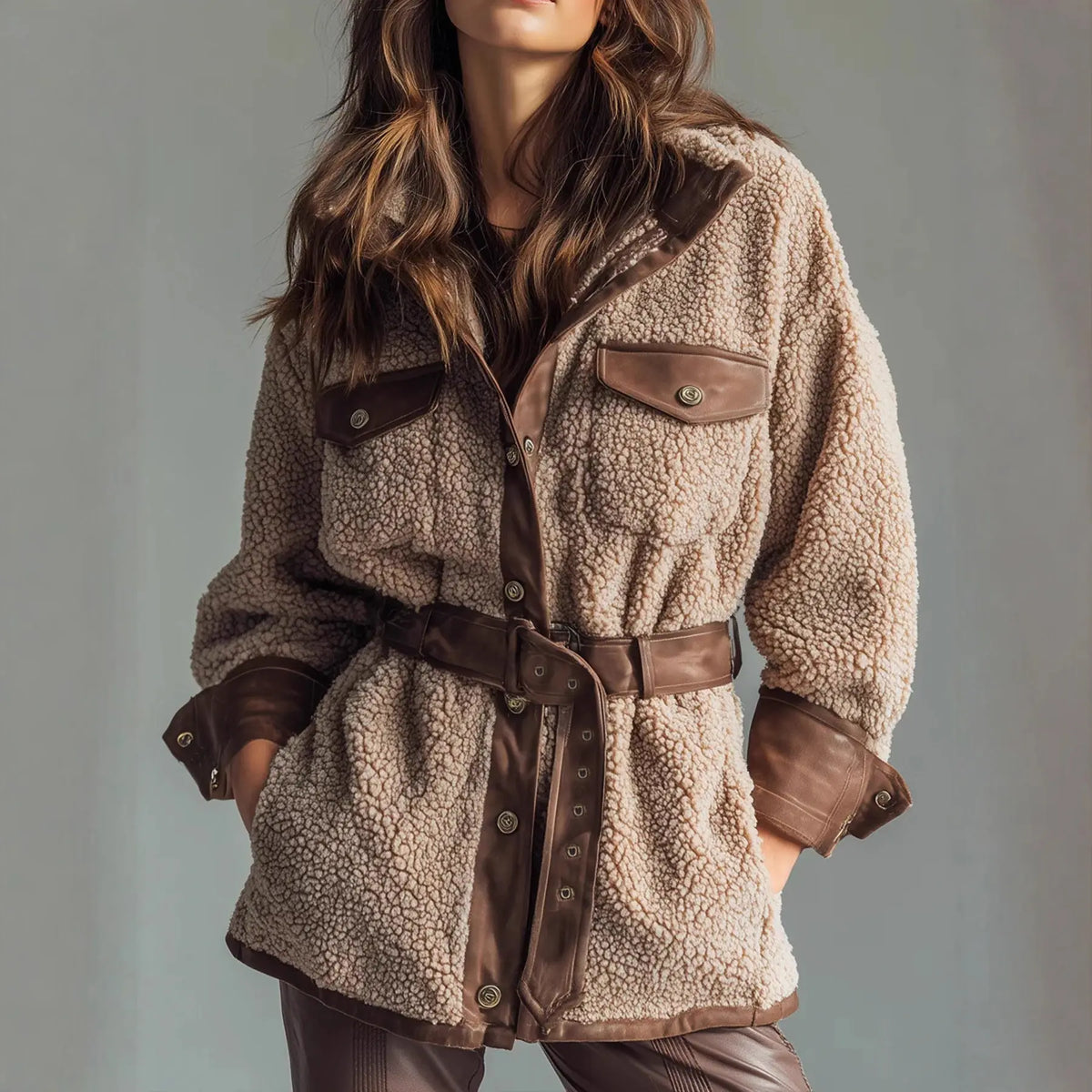 Women's Wear Thickened Lamb Fur Spliced PU Leather Pocket Leather Belt Retro Coat hercurva