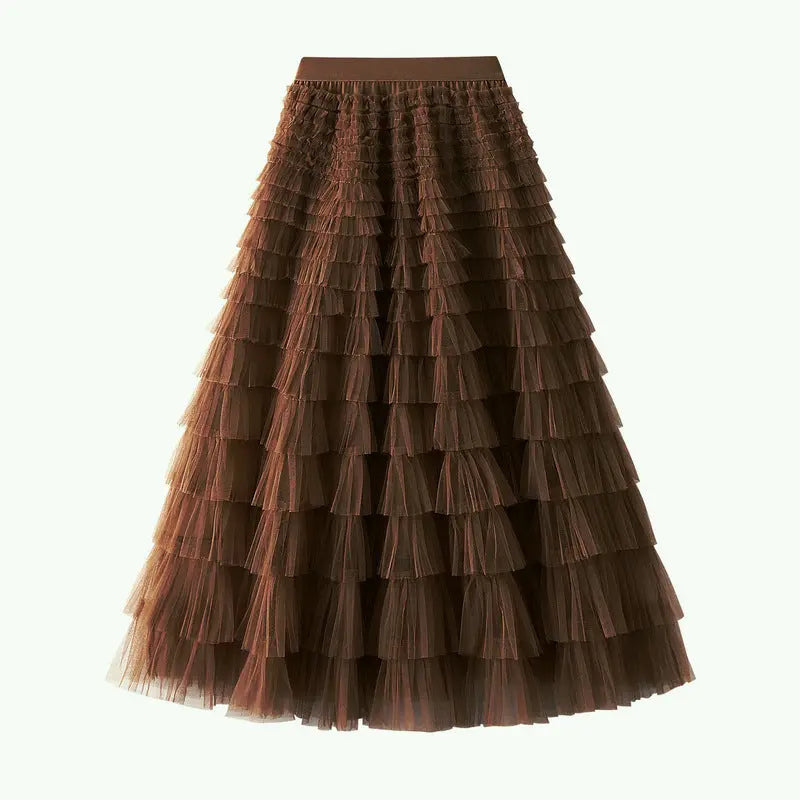 A-Line Mesh Ruffle Skirt Women's Temperament Sweet Long Skirt Slim Cupcake Dress Womens Clothing hercurva