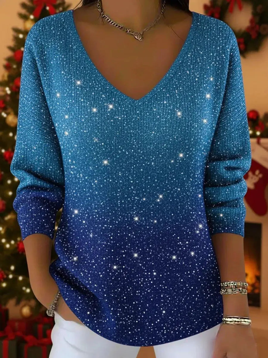 New Drop-shoulder V-neck Long-sleeve Printed Women's Pullover hercurva