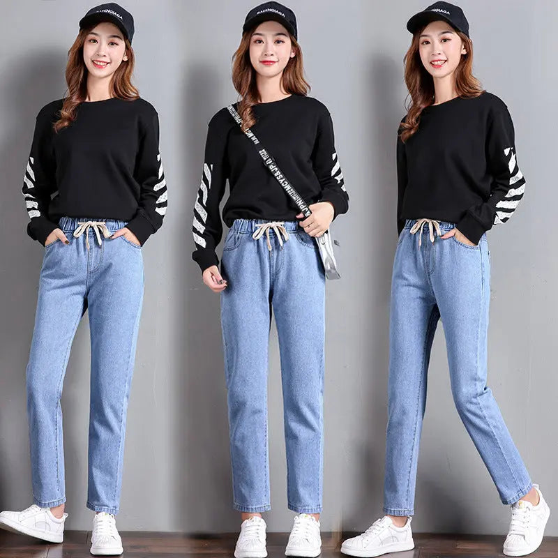 Straight Casual Elastic Waist Lace-up High-waist Jeans Women's Loose Pants hercurva