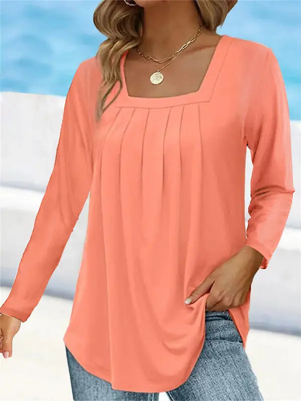 Women's Pleated Square Collar Long Sleeve Imitation Cotton Large Size T-shirt hercurva