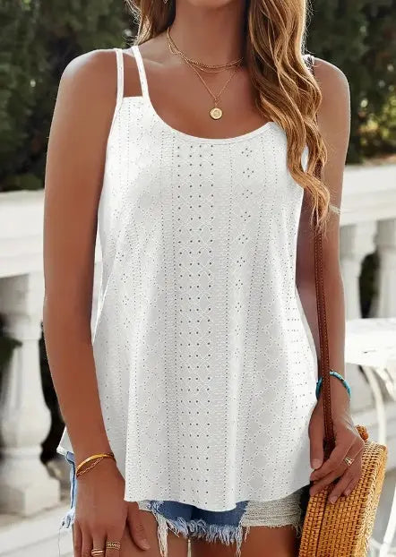 Eyelet Lettuce Trim Cami Top, Casual Sleeveless Scoop Neck Versatile Cami Top, Women's Clothing hercurva
