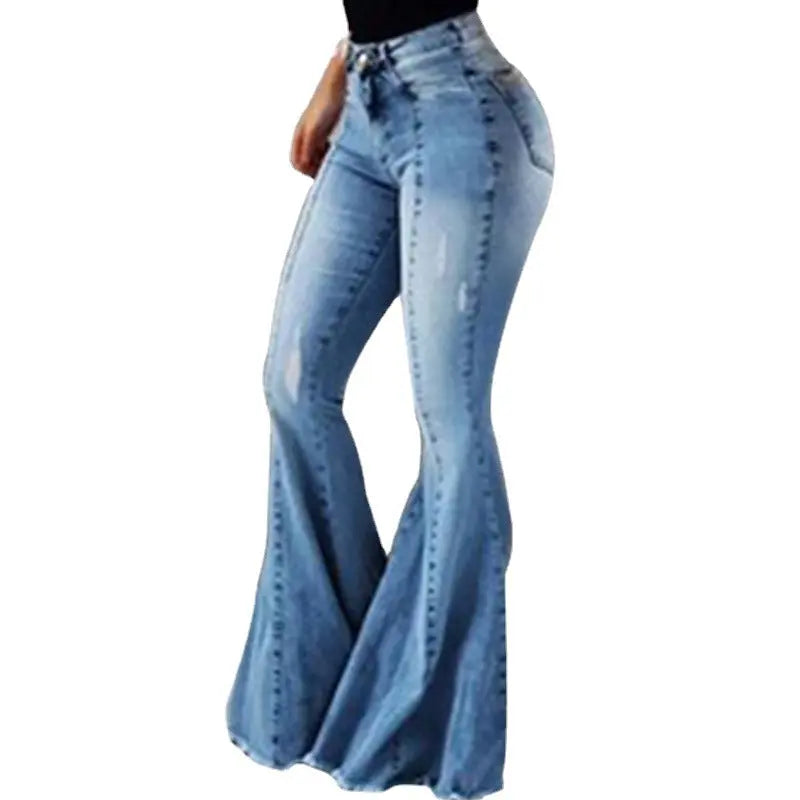 Elastic High Waist Ripped Denim Bell-bottom Pants Women hercurva