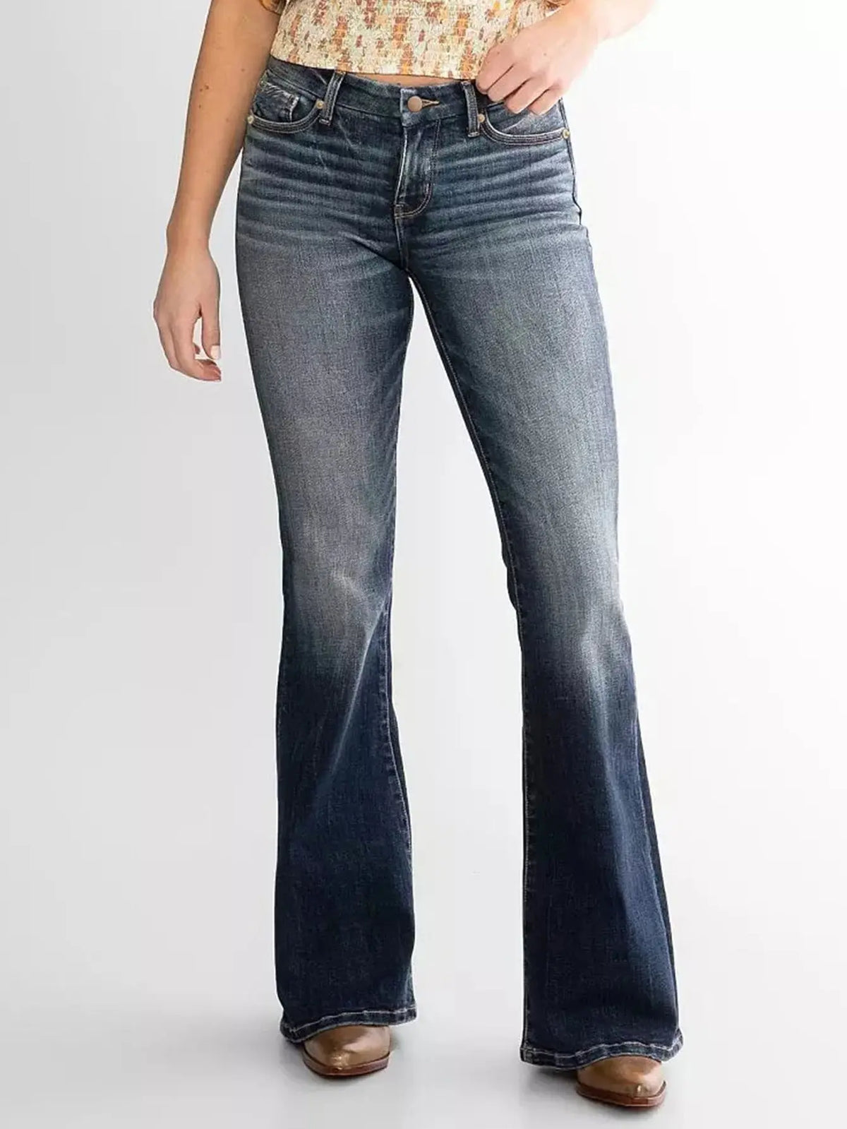 Ladies Mid Waist Slim Fit Stretch Retro Flared Jeans hercurva