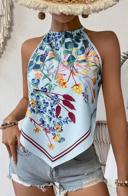 Printed Notched Neck Sleeveless Tank Top hercurva