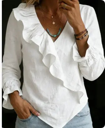 Womens Solid-Color V-Neck Casual Top With Ruffle Long Sleeves hercurva