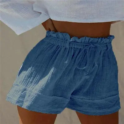 Solid Color Loose Pleated Elastic Belt High Waist Cotton And Linen Boho Shorts Hot Pants hercurva