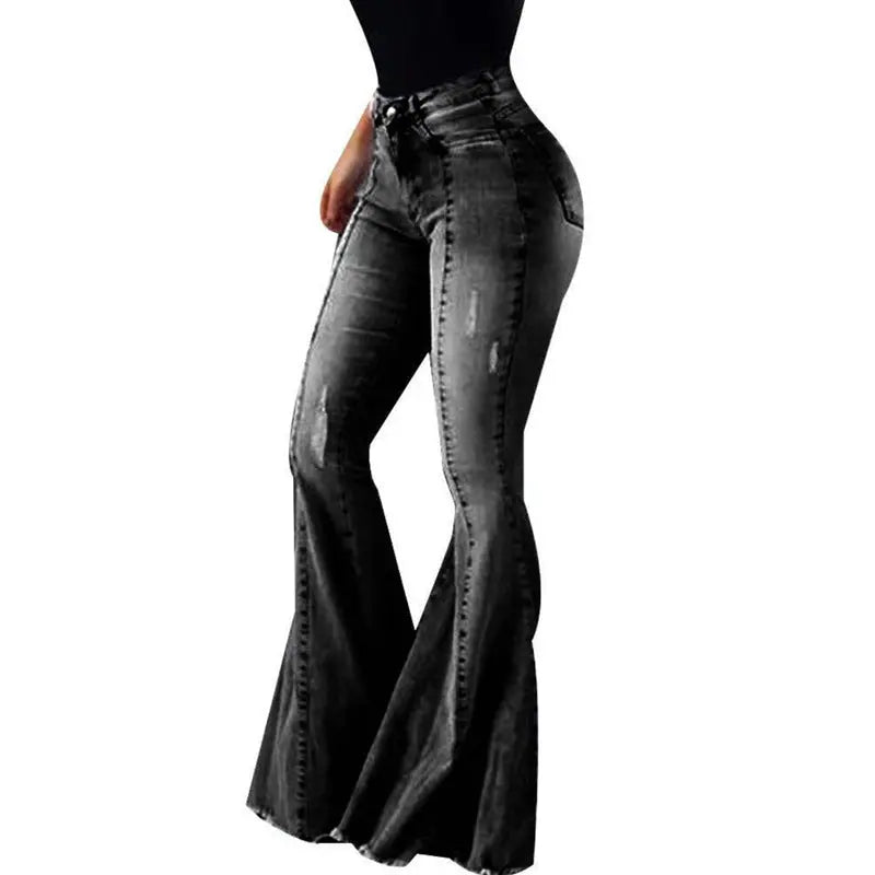 Elastic High Waist Ripped Denim Bell-bottom Pants Women hercurva