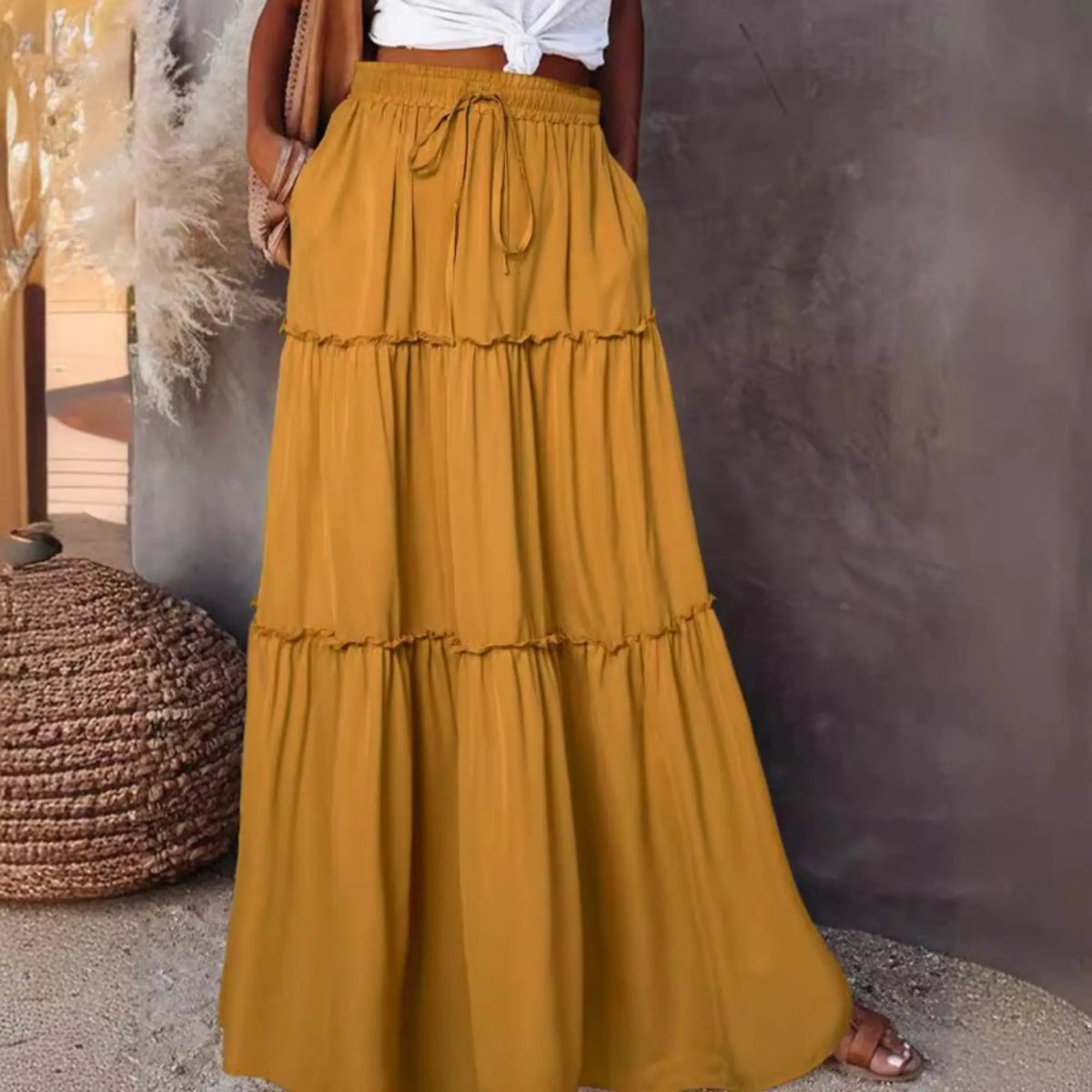 Women's Elastic High Waist A-Line Pleated Casual Maxi Dress hercurva
