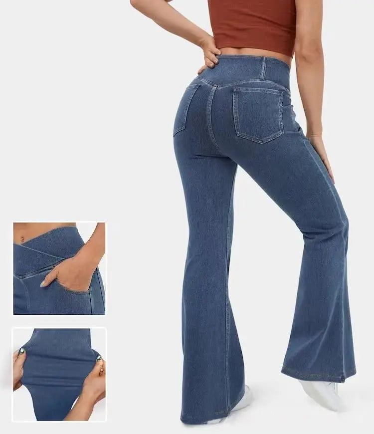 High Imitation Denim Bell-bottom Pants Cross-border Hip Lifting European And American Women Bell-bottom Pants hercurva