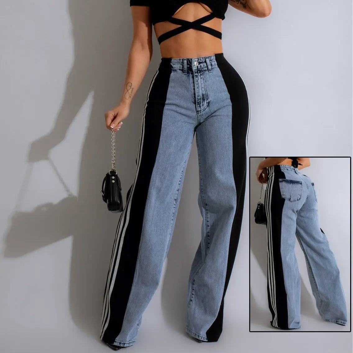 Fashion Casual High Waist Elastic Straight Leg Trousers Three Stripe Patchwork Denim Wide Leg Pants Streetwear hercurva