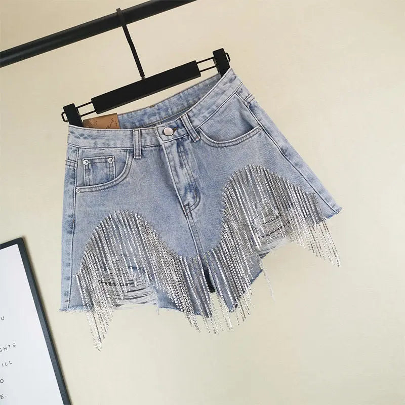 Fringed Chain Jeans Women's High Waist Slim Se Xy Shorts European And American Style Heavy Industry Beading Tide hercurva