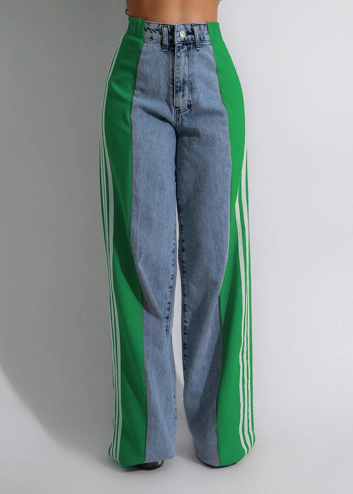 Fashion Casual High Waist Elastic Straight Leg Trousers Three Stripe Patchwork Denim Wide Leg Pants Streetwear hercurva