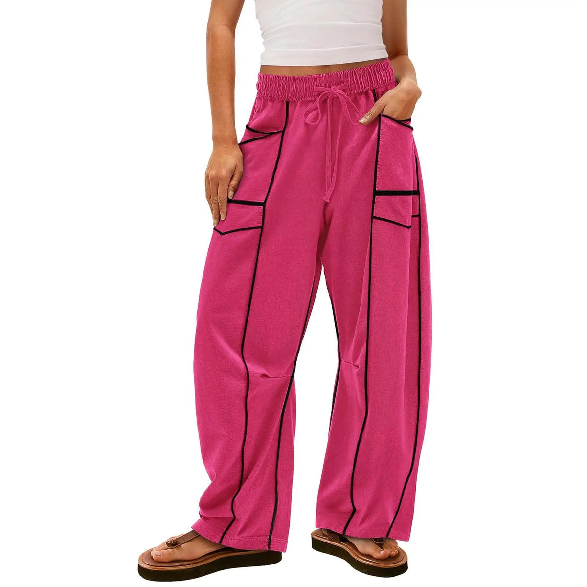Y2K Black Striped Wide-leg Pants With Pockets Fashion Loose Drawstring Trousers Sports Sweatpants Women's Clothing hercurva