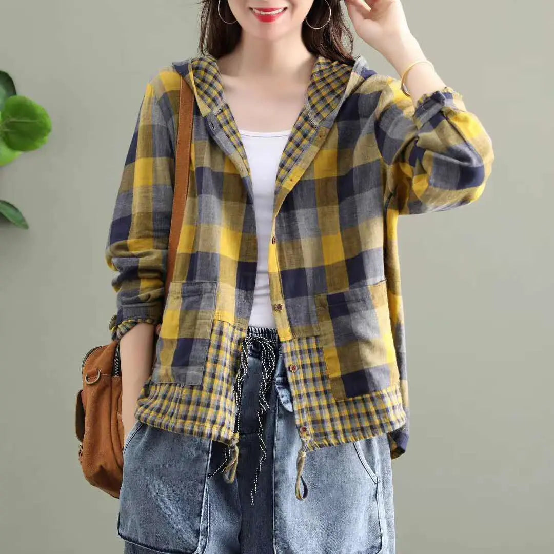 Literary Original Cotton Hooded Plaid Jacket hercurva