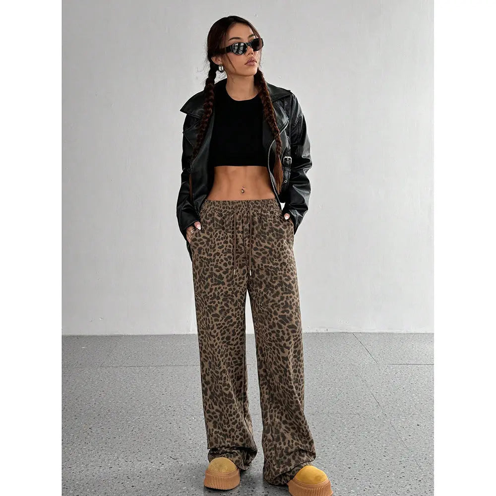 Leopard Print Floral Print Casual Jumpsuit Wide Leg Loose hercurva
