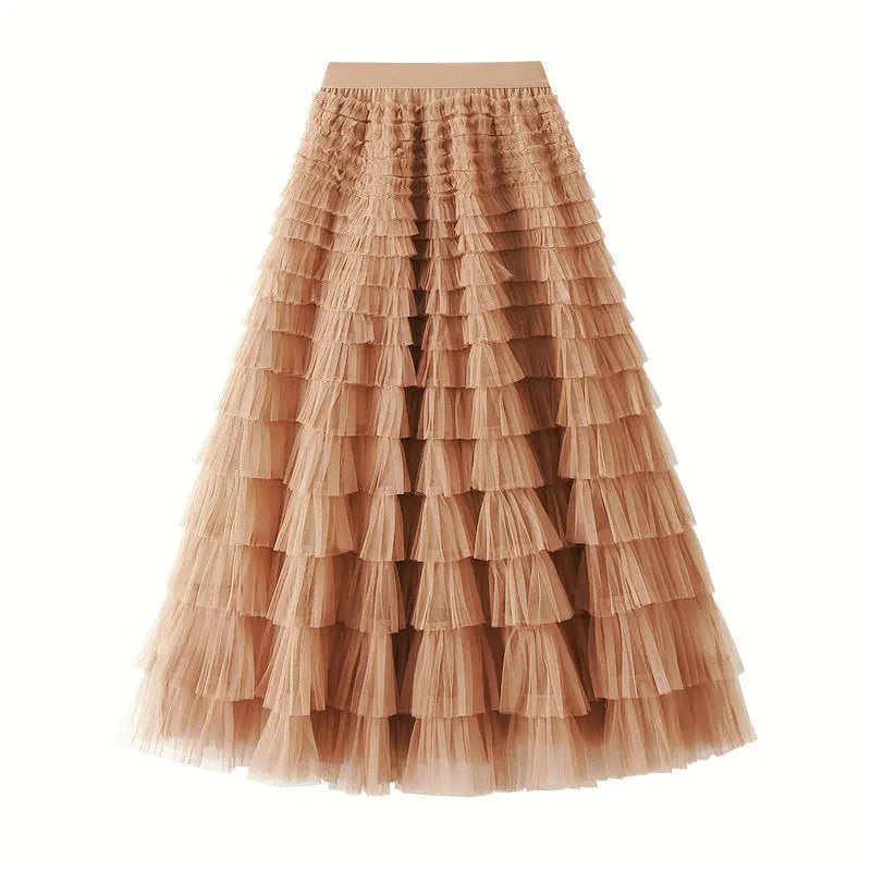 A-Line Mesh Ruffle Skirt Women's Temperament Sweet Long Skirt Slim Cupcake Dress Womens Clothing hercurva