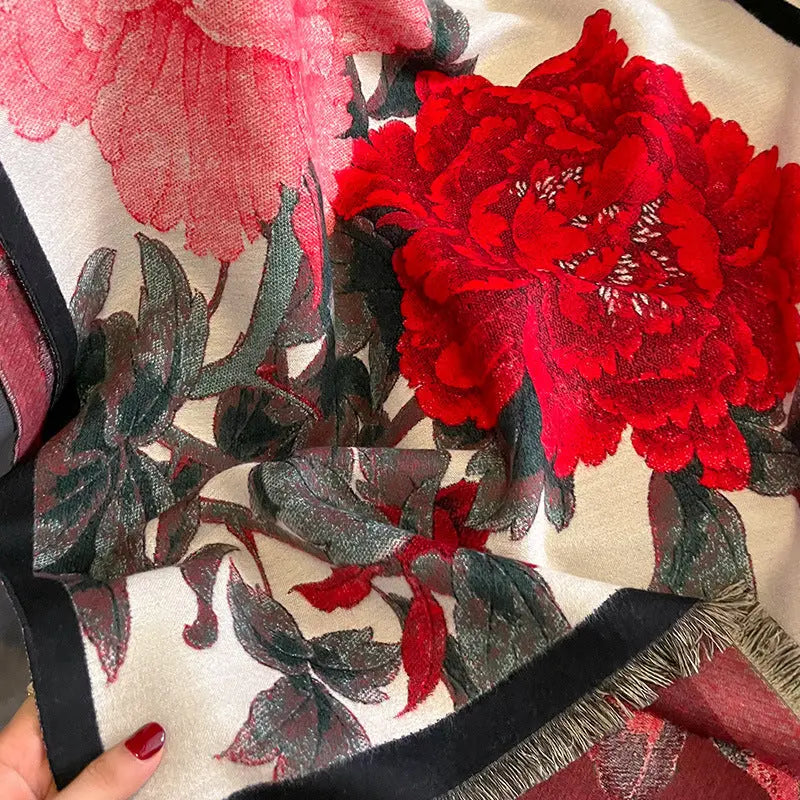 Retro Floral Artificial Cashmere Scarf Women's Thick Warm Scarf hercurva