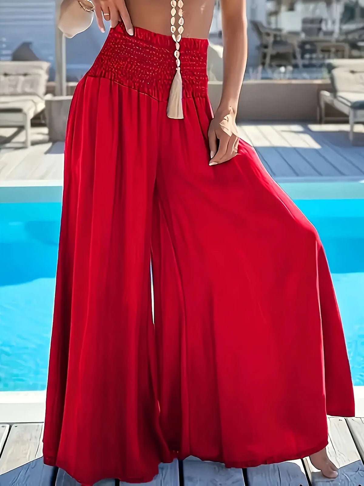 Solid Color High Waist Smocking Ice Silk Wide Leg Trousers hercurva