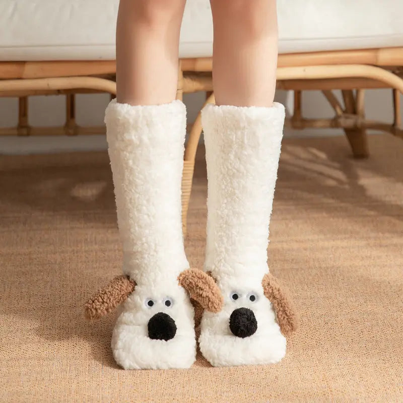 Cute Cartoon Dog Floor Socks Winter Warm Non-slip Plush Socks For Women hercurva