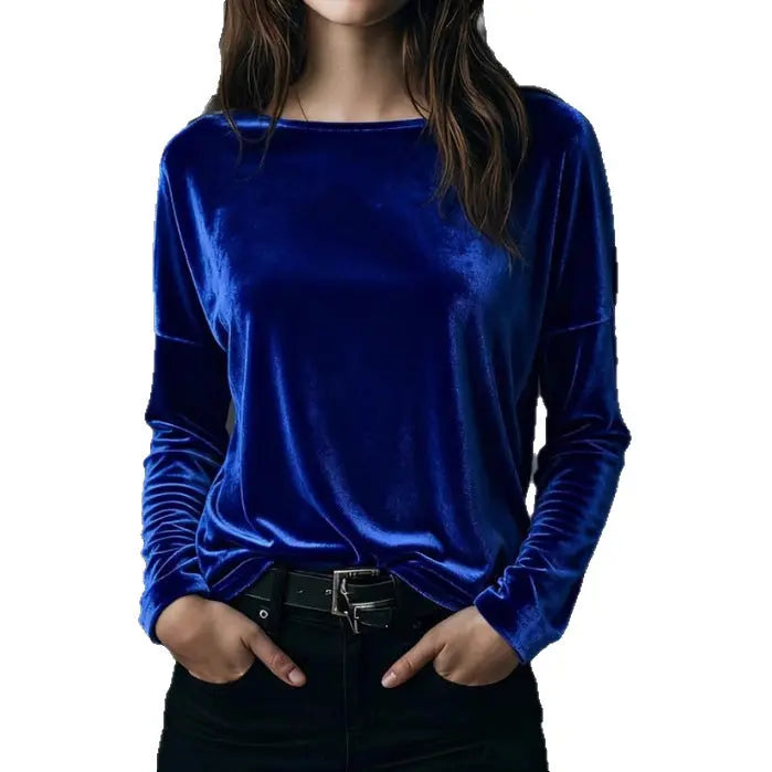 Female Solid Color Loose Fit Crew-neck Pullover Velvet T-shirt hercurva