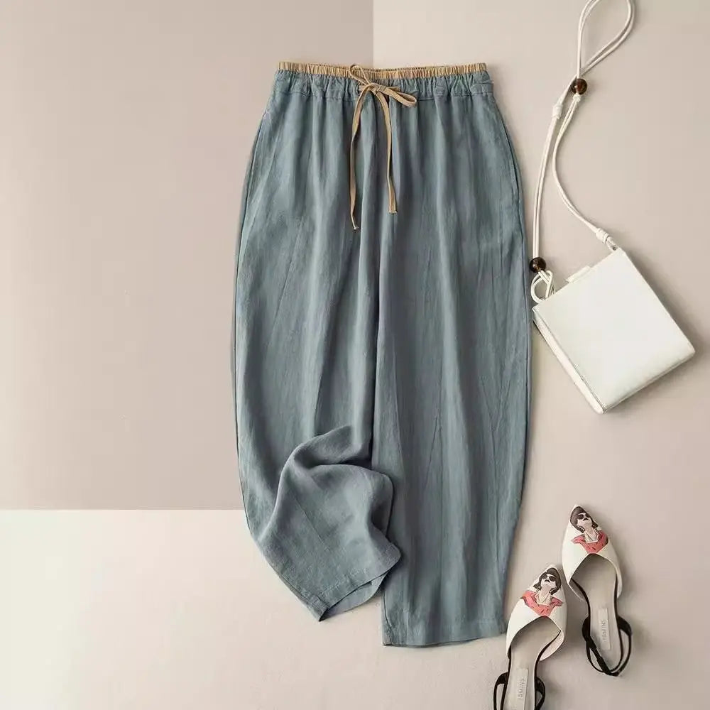 Womens Retro Korean-Style Simple Cotton-Linen Wide-Leg Casual Pants hercurva