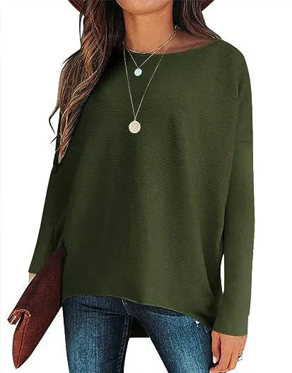 High And Low Batwing Sleeve Knitted Loose Pullover Waist Top hercurva