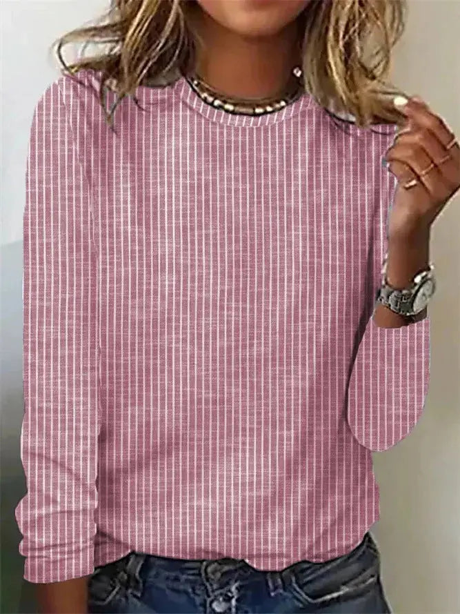 Loose Solid Color Striped Round Neck T-shirt For Women hercurva