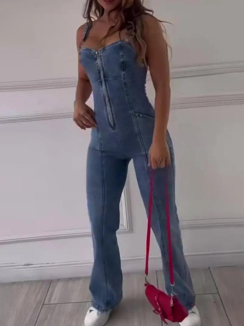 Sleeveless Paneled Zipper Denim Jumpsuit hercurva