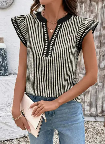 Khaki Stripe Double Ruffled Short Sleeve V Neck Blouse hercurva