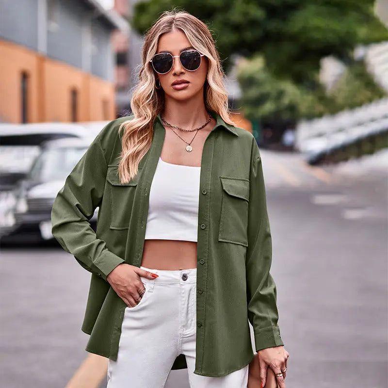 Polo Collar Solid Color Long Sleeve Coat Shirt hercurva